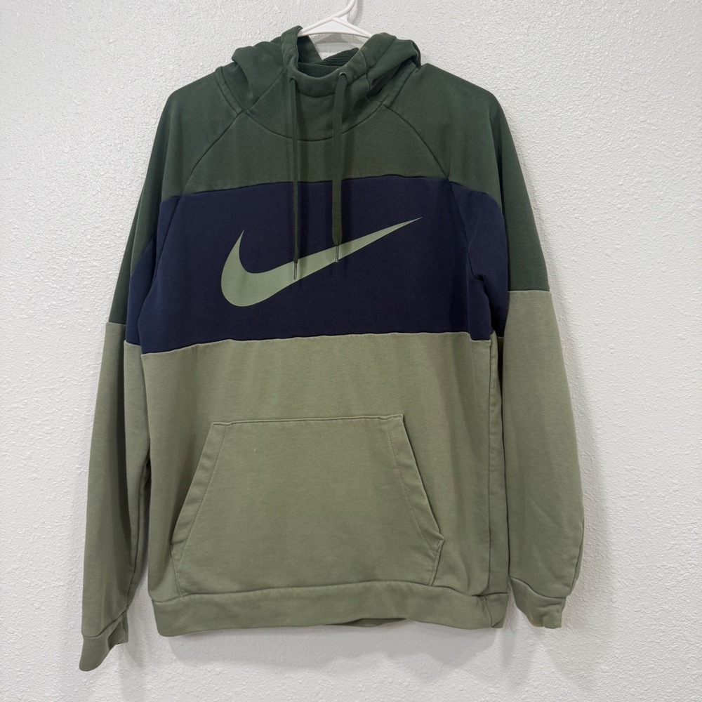 Nike Dri-FIT Mens Colorblock Hoodie Green Navy Blue Swoosh Large Pullover